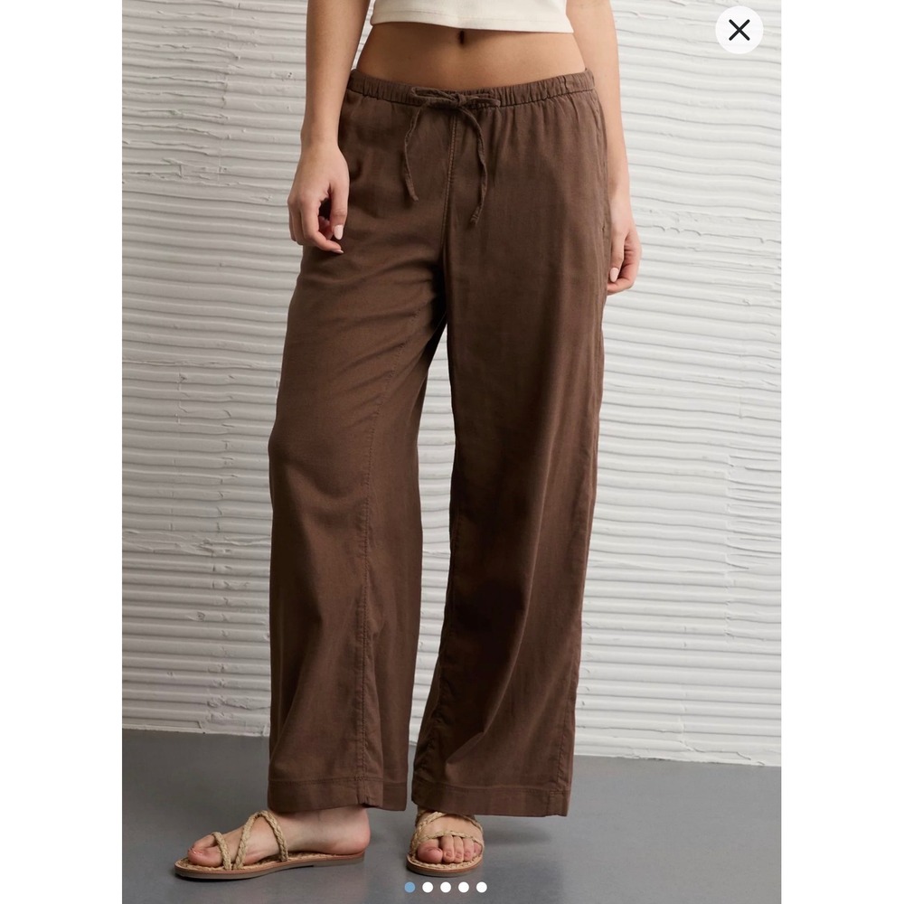 American Eagle Womens Brown Linen Blend Wide Leg Pants, Small